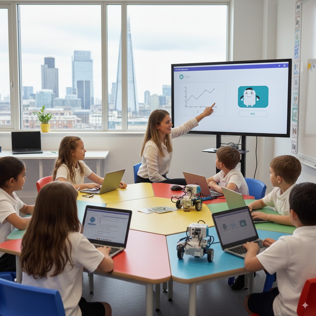 Teacher using a tablet in a modern classroom