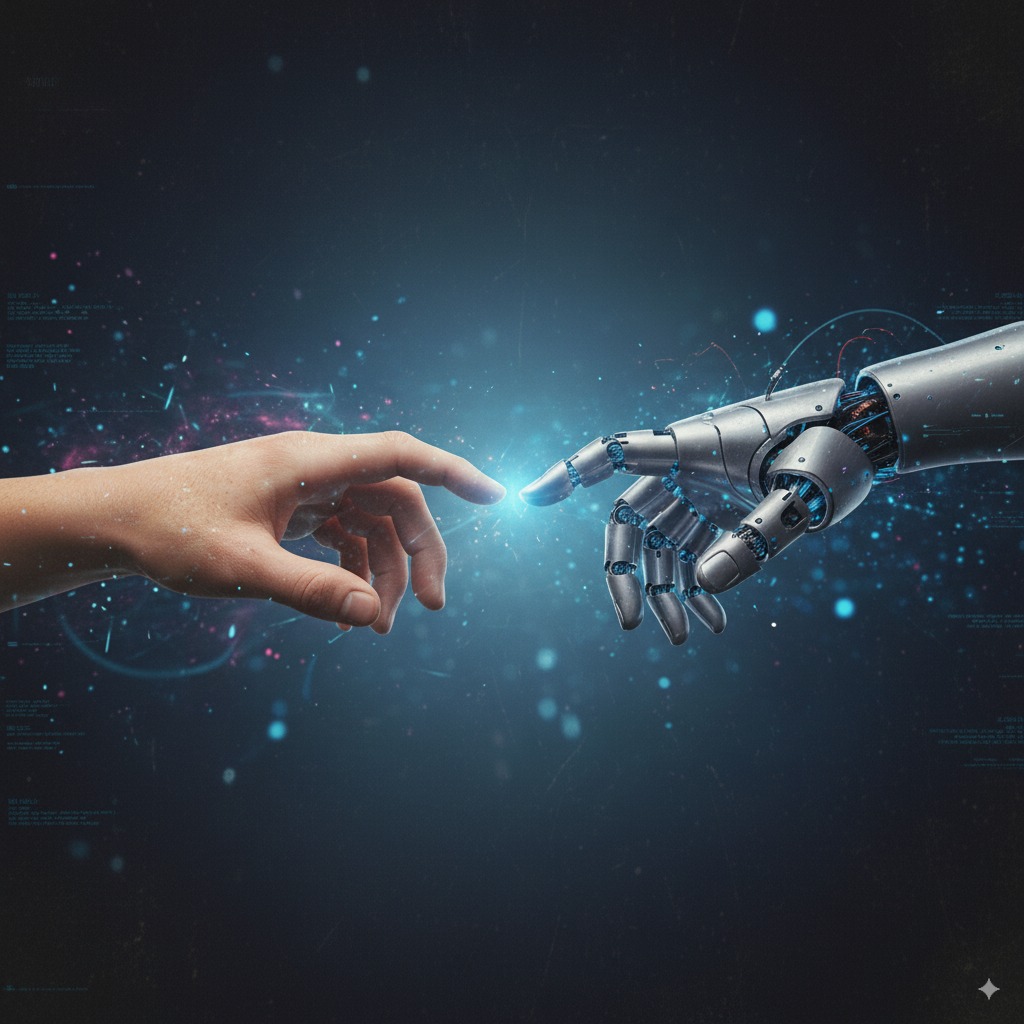 Human hand and a robot hand about to connect