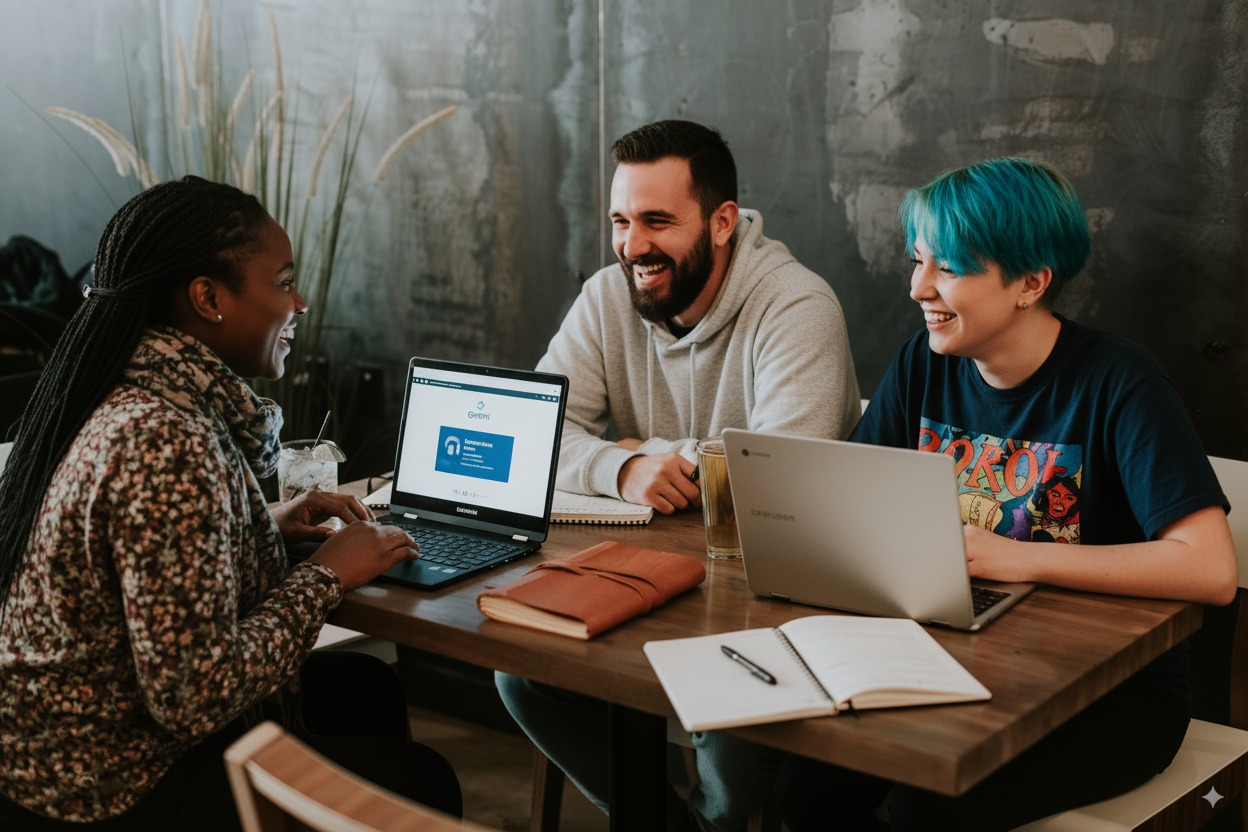 A team collaborating and learning about AI in a workshop setting